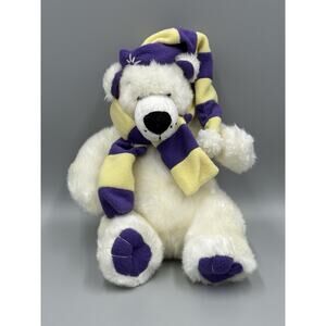 White Polar Bear Plush In Yellow & Purple Hat & Scarf 11” Stuffed Animal
